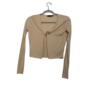 Pretty Little Thing Tan Ribbed Tie Front Long Sleeve Top Size 0